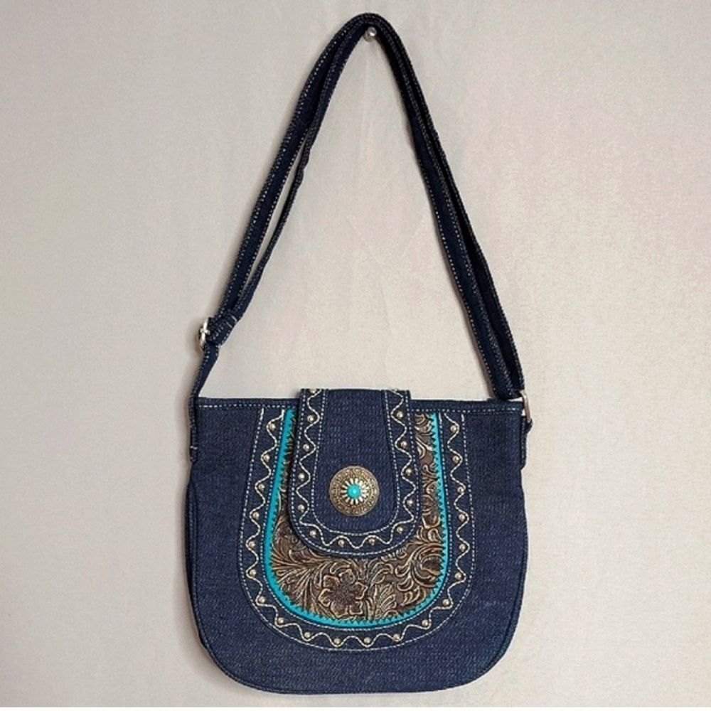 Canyon Sky Elegant Denim Crossbody Bag With Embroidery